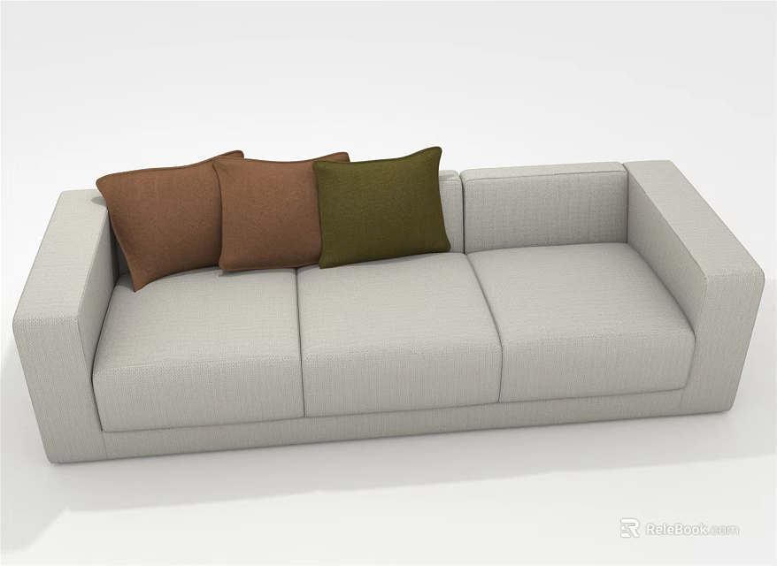Modern Light Gray Three-seater Sofa with Three Brown and Green Cushions 3d model 