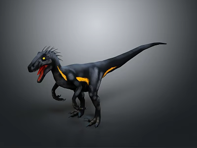 Black and Yellow Velociraptor Dinosaur With Spiked Head Open Mouth And Yellow Eyes 3d model