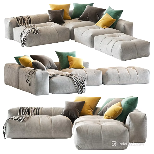Modern Gray Sectional Sofa With Yellow Green Cushions And Striped Blanket 3d model 