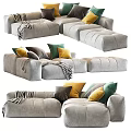 Modern Gray Sectional Sofa With Yellow Green Cushions And Striped Blanket