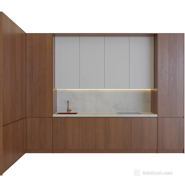 Modern Kitchen Cabinets With Wooden And White Doors Concrete Countertop Copper Sink Under Cabinet Lighting 3d model 