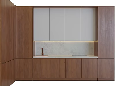 Modern Kitchen Cabinets With Wooden And White Doors Concrete Countertop Copper Sink Under Cabinet Lighting 3d model