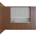Modern Kitchen Cabinets With Wooden And White Doors Concrete Countertop Copper Sink Under Cabinet Lighting