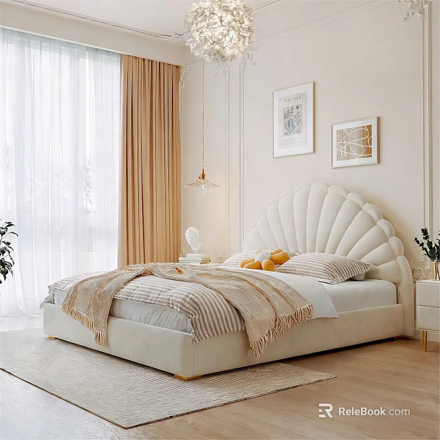 Cozy Bedroom Interior With Shell Shaped Headboard Beige Bed Curtains Pendant Lights And Decorative Paintings 3d model 
