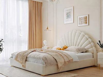 Cozy Bedroom Interior With Shell Shaped Headboard Beige Bed Curtains Pendant Lights And Decorative Paintings 3d model