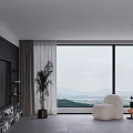 Cozy Modern White Accent Chair beside Large Window with Lake and Mountain View