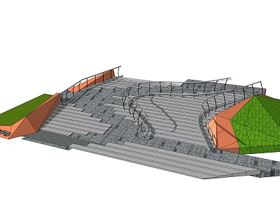 Commercial Landscape Design With Curved Pathways Green Lawns And Orange Structures 3d model