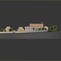 Traditional Village Architectural Model with Thatched Roof Houses Brick Buildings Enclosed Courtyard and Green Areas