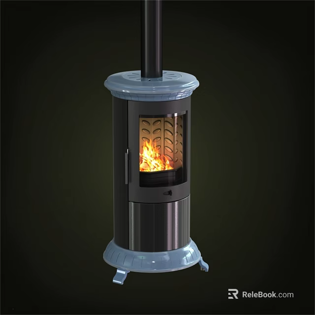 Freestanding Metal Fireplace With Blue Top Base And Burning Flames On Wheels 3d model 