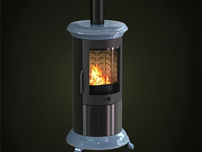 Freestanding Metal Fireplace With Blue Top Base And Burning Flames On Wheels 3d model