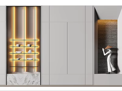 Modern Bookcase Interior Design With LED Lighting And Open Wooden Shelves 3d model