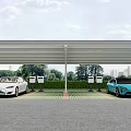 Modern Covered Parking Lot With Cars Green Landscaping Patterned Pavement And Signage