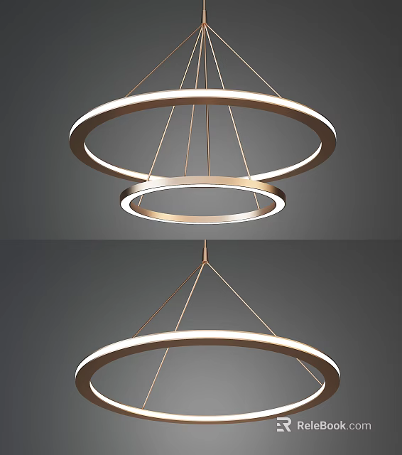 Modern Double Ring Hanging Chandelier With Golden Circular Frames And Illuminated Design 3d model 
