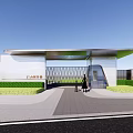 Modern Entrance Gate Design With Sleek Metal Canopy And Landscaped Lawns