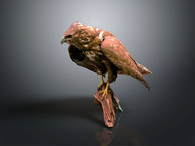 Brown Feathered Eagle Perched on Wooden Branch Against Gray Background with Visible Reflection 3d model