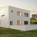 Modern Two Story Single Family House With Large Glass Windows Balcony And Green Lawn