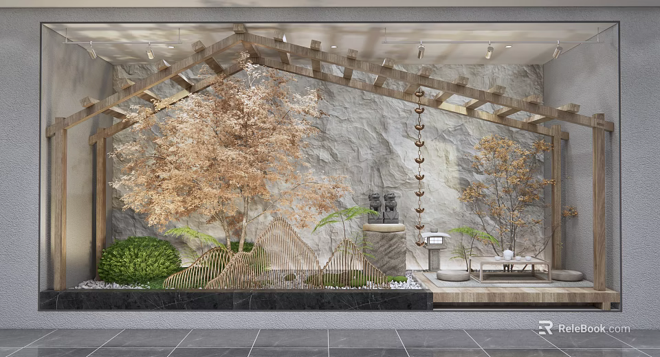 Natural Window Display Featuring Wooden Structure Stone Wall Golden Trees Green Plants And Sculpture 3d model 