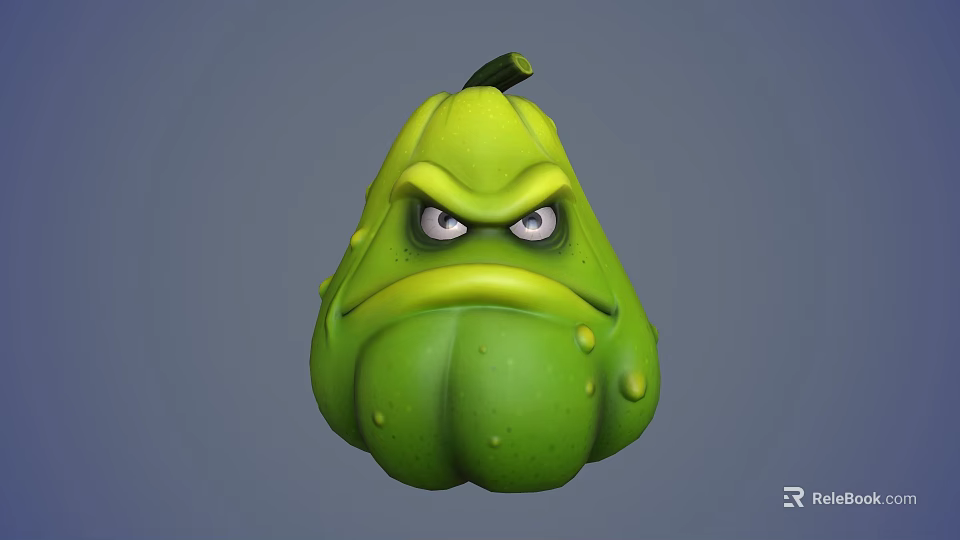 Green Vegetable Pumpkin Shaped With Angry Face Expression And Bumpy Surface 3d model 