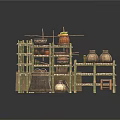Bamboo Shelves Displaying Various Household Items Baskets Earthen Jars And Stool 3d model