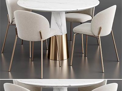 Round Marble Top Dining Table Set With Gold Metal Legs And Beige Chairs 3d model