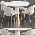 Round Marble Top Dining Table Set With Gold Metal Legs And Beige Chairs