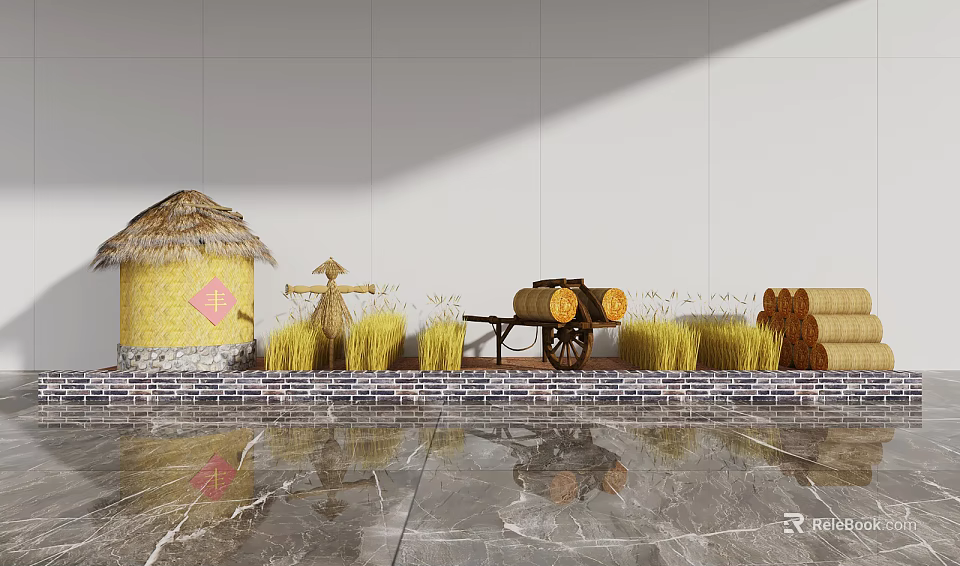 Garden Decorative Elements With Straw Roofed Hut Scarecrow Wheat Stalks And Hay Bales 3d model 