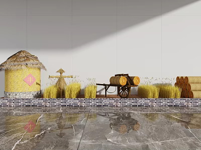 Garden Decorative Elements With Straw Roofed Hut Scarecrow Wheat Stalks And Hay Bales 3d model