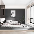 Modern Bedroom Interior With Platform Bed Black Vertical Slat Wall Bird Artwork Green Plant And Window