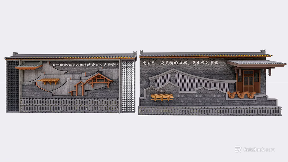 Traditional Chinese Brick Wall Reliefs With Wooden Structures And Tile Roof Design 3d model 