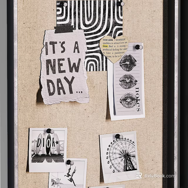 Decorative Bulletin Board Wall With Handwritten Note Lips Graphics Photos Linen Background And Black Frame 3d model 