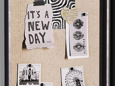 Decorative Bulletin Board Wall With Handwritten Note Lips Graphics Photos Linen Background And Black Frame 3d model