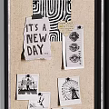 Decorative Bulletin Board Wall With Handwritten Note Lips Graphics Photos Linen Background And Black Frame