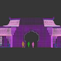Traditional Chinese Architectural Facade With Illuminated Archway And Red Bricks