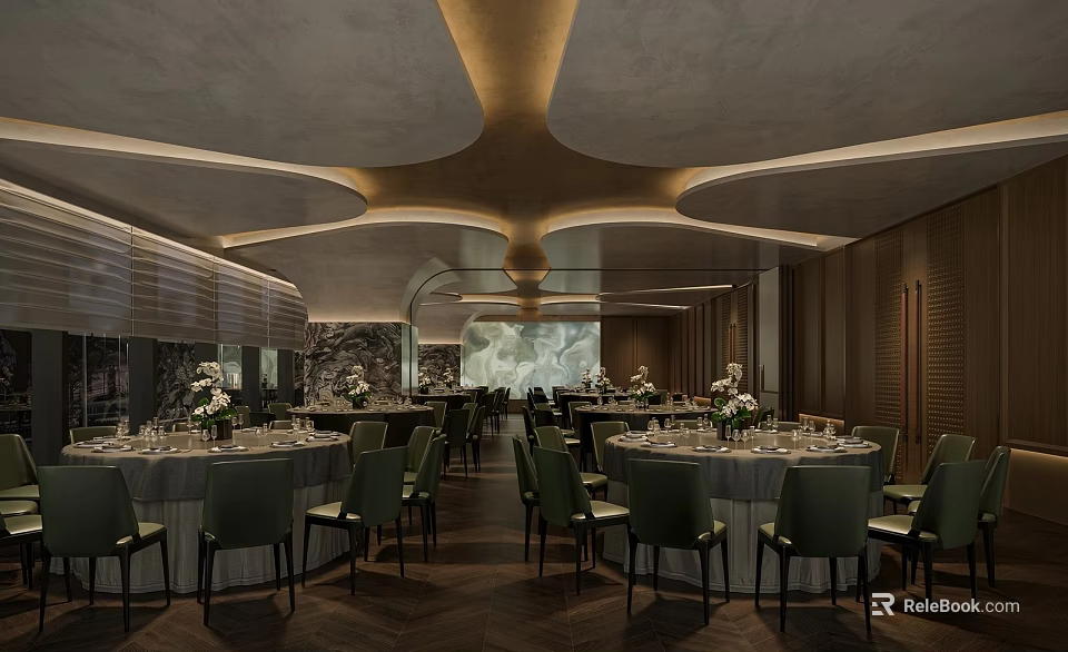 Luxurious Modern Banquet Hall Interior With Round Tables Green Chairs And Decorative Flowers 3d model 