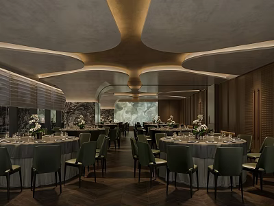 Luxurious Modern Banquet Hall Interior With Round Tables Green Chairs And Decorative Flowers 3d model