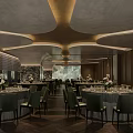Luxurious Modern Banquet Hall Interior With Round Tables Green Chairs And Decorative Flowers