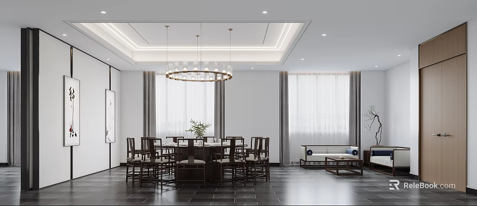 Modern Private Room Interior Design With Dining Table Chairs Chandelier Windows And Sofa 3d model