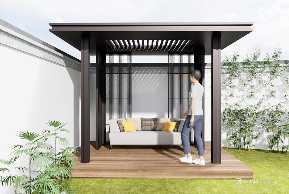 Modern Pergola with Black Frame and Wooden Deck Featuring Sofa and Green Plants 3d model 