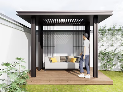 Modern Pergola with Black Frame and Wooden Deck Featuring Sofa and Green Plants 3d model