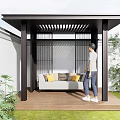 Modern Pergola with Black Frame and Wooden Deck Featuring Sofa and Green Plants