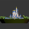Cartoon Scenic Island With Majestic Castle Blue River Small Houses And Lush Trees