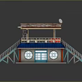 Small Building Structure With Rusted Metal Roof Blue Doors Windows Staircases And Satellite Dish