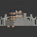 Medieval Castle Architecture with Blue Roofs White Towers and Wooden Structures Detailed Design