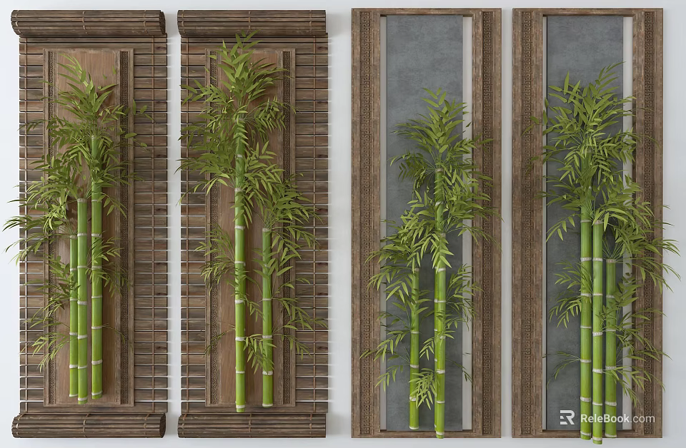 Natural Bamboo Themed Rustic Wall Decor With Wooden Frames And Green Plants 3d model 