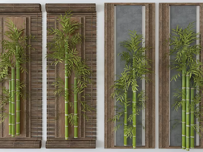 Natural Bamboo Themed Rustic Wall Decor With Wooden Frames And Green Plants 3d model