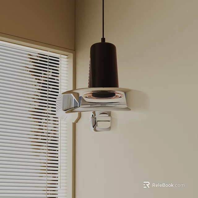 Modern Black Shade Pendant Light With Silver Base Near White Blinds On Light Colored Wall 3d model 