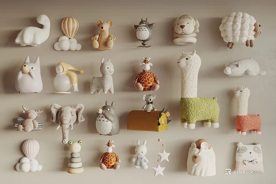 Cute Plush Toys Collection With Animal Shapes And Decorations On Wall 3d model 