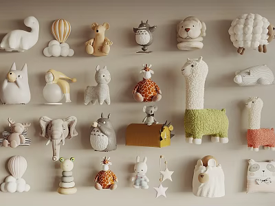 Cute Plush Toys Collection With Animal Shapes And Decorations On Wall 3d model