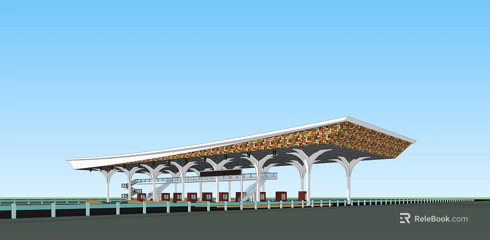 Modern Architectural Structure With Extended Decorative Roof White Columns And Red Seats Under Blue Sky 3d model 