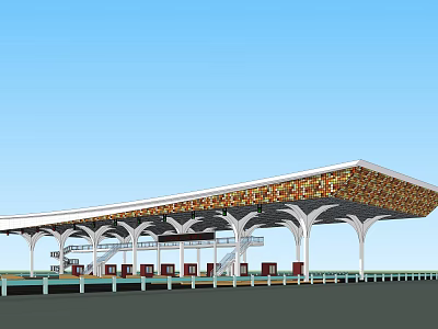 Modern Architectural Structure With Extended Decorative Roof White Columns And Red Seats Under Blue Sky 3d model